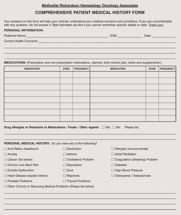free printable personal medical history forms